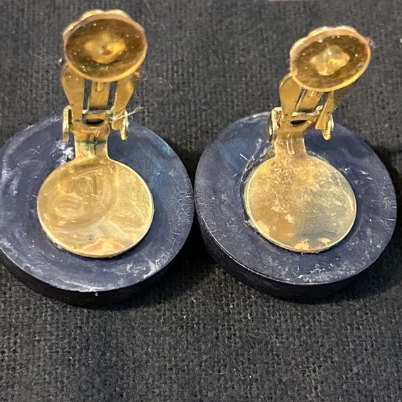 Unique Acrylic Button Clip On Earrings Black Red With Metal Stud Accents - Picture 5 of 6